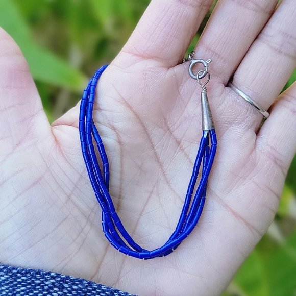 Native American handmade hand strung stabilized lapis lazuli three strand sterli - Picture 8 of 16